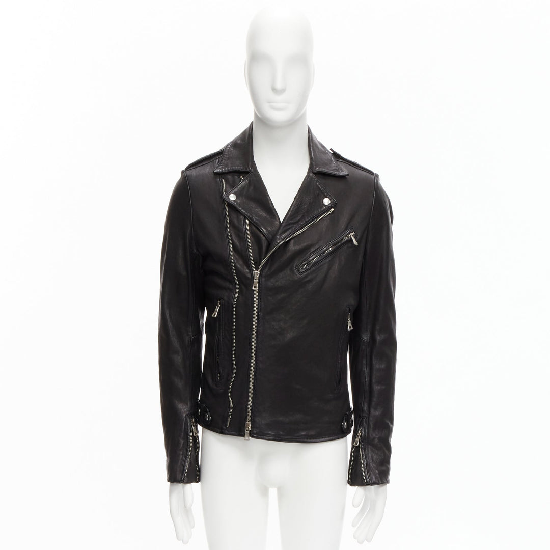 BALMAIN black lambskin leather silver zip classic biker motorcycle jacket EU48 M