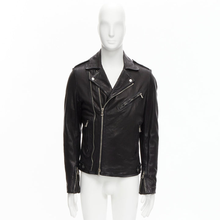 BALMAIN black lambskin leather silver zip classic biker motorcycle jacket EU48 M