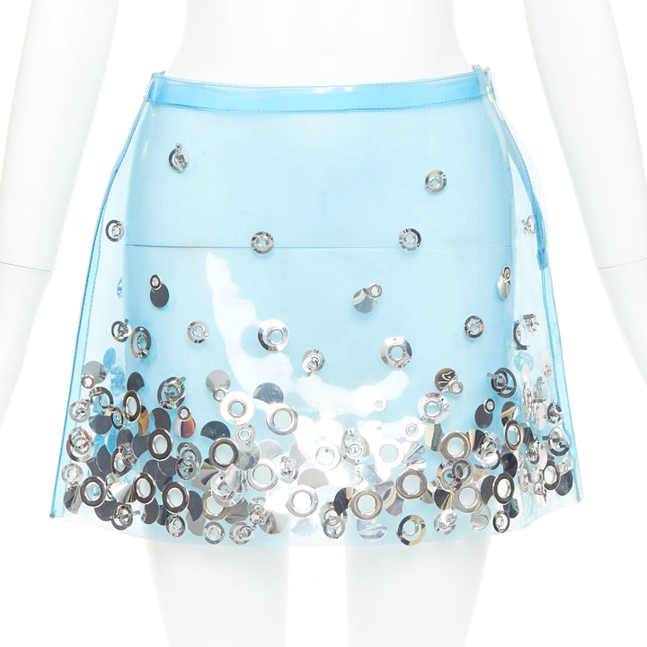rare MIU MIU sky blue clear PVC silver sequins grommet embellished mini skirt XS