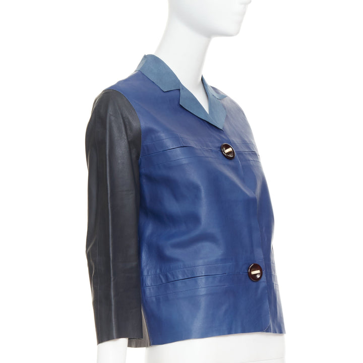 MARNI blue black colorblocked calf leather geometric buttons crop jacket IT40 S