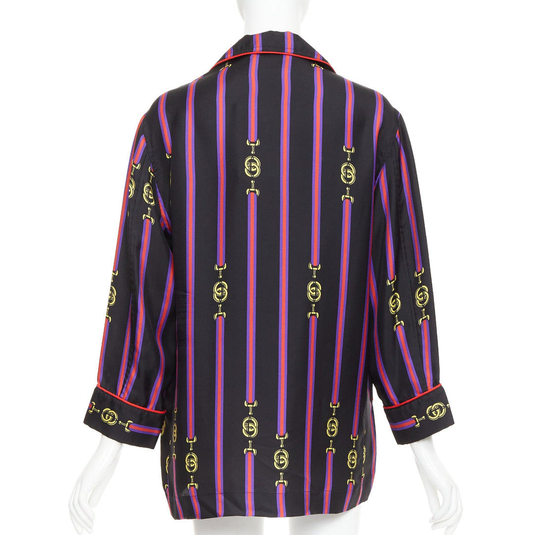 rare GUCCI GARDEN 100% silk black purple GG stripe pajama blouse shirt XXS