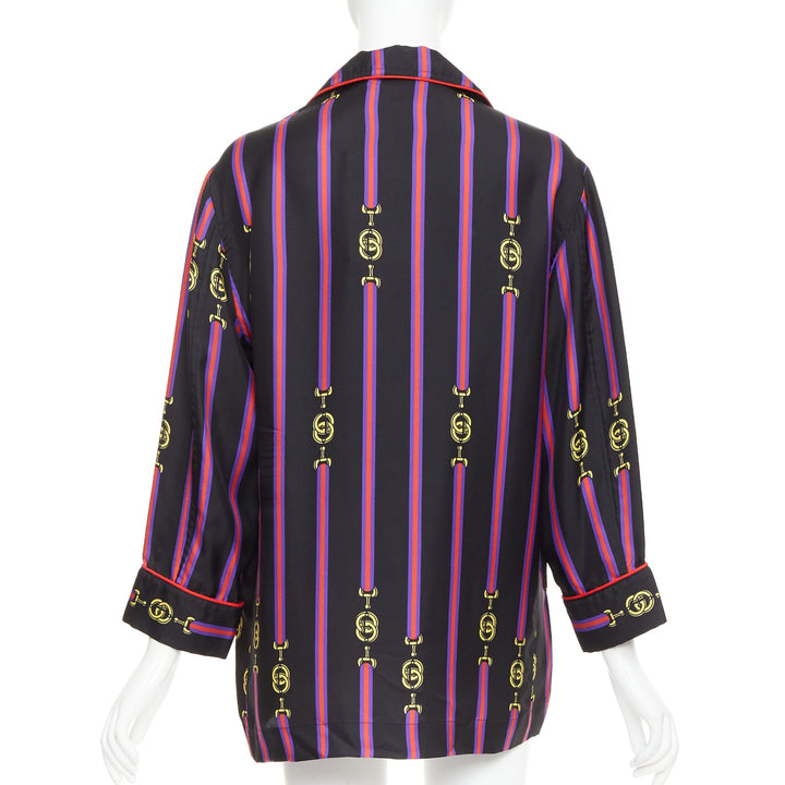 rare GUCCI GARDEN 100% silk black purple GG stripe pajama blouse shirt XXS