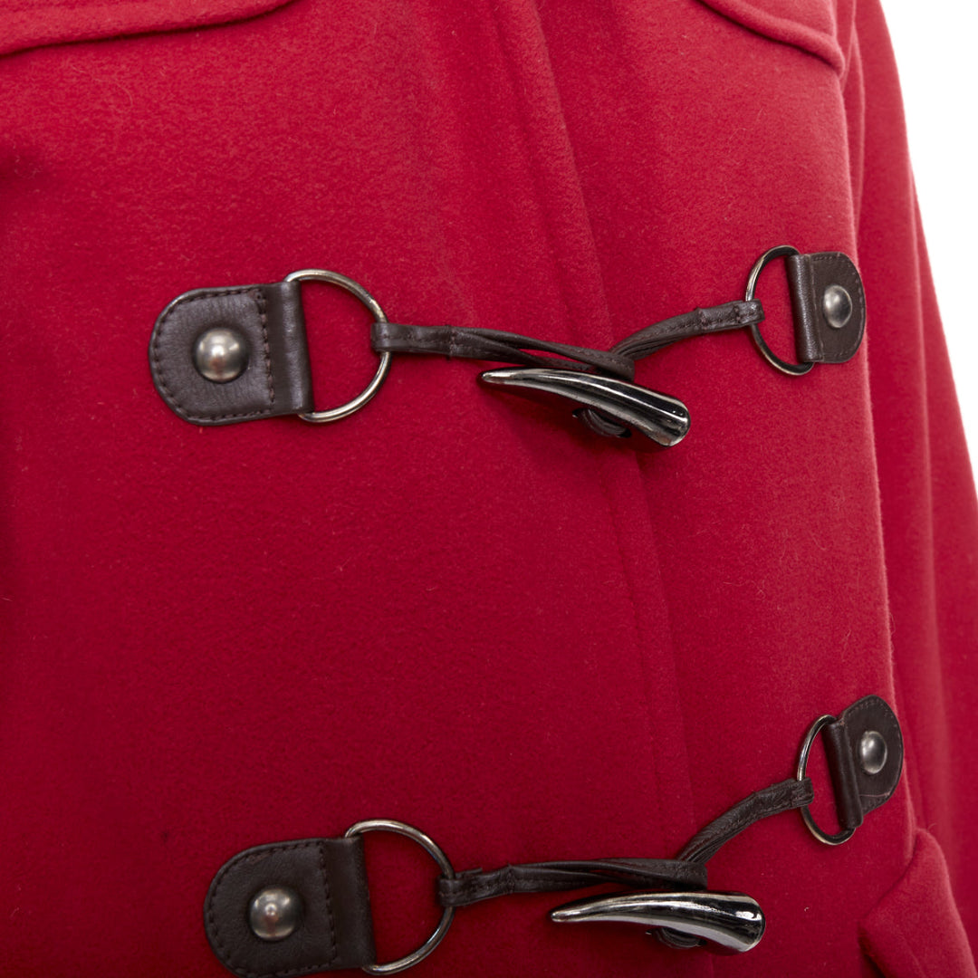 LANVIN EN BLEU red wool blend black brown toggle leather pea coat FR36 S