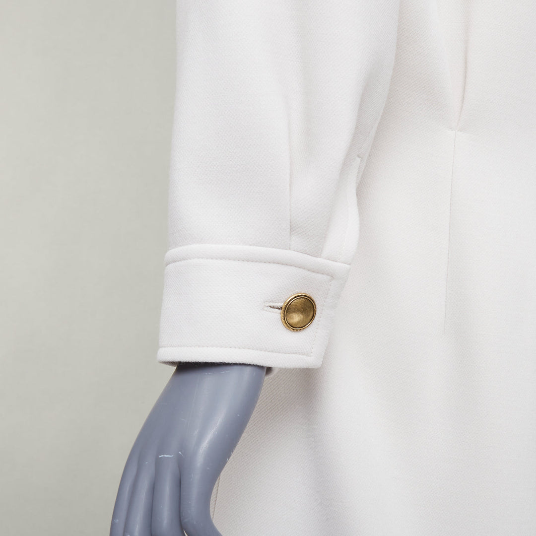 SAINT LAURENT 2022 Runway Bridal off-white wool Power shoulder maxi gown FR42 XL