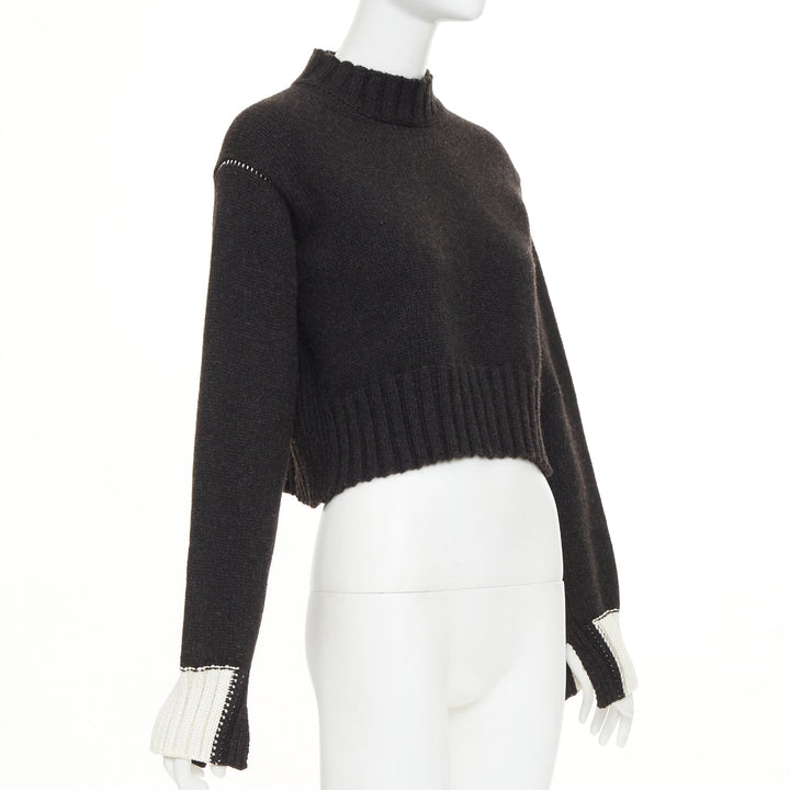 CELINE Phoebe Philo dark grey charcoal yak wool contrast cuff cropped sweater XS