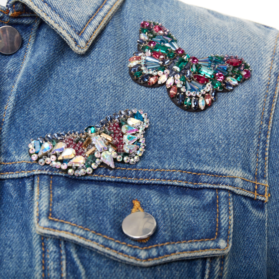 VALENTINO blue denim multicolor jewel butterfly embellish trucker jacket IT40 S