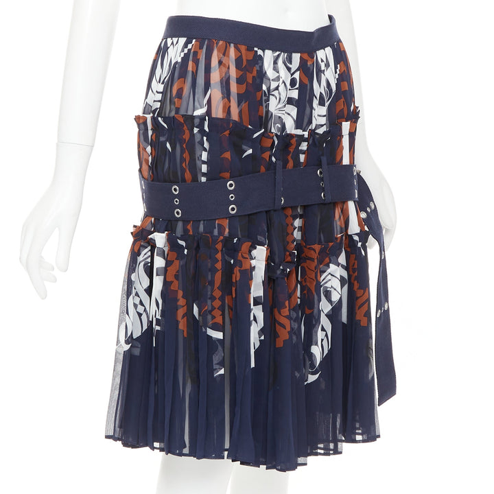 SACAI 2016 navy orange white printed pleated cotton eyelet belt skirt JP1 S