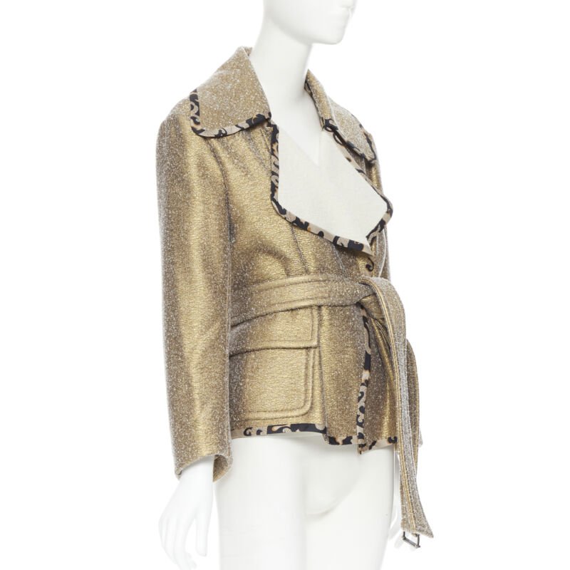 DRIES VAN NOTEN gold coated wool oriental floral trimmed belted jacket S