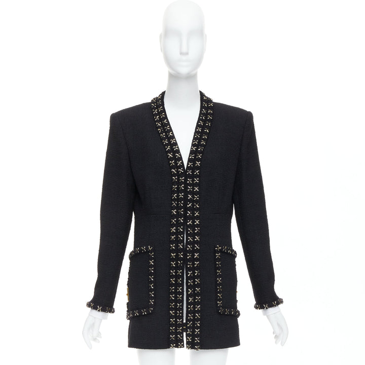 CHANEL 17A black tweed gold crosshatch braided Lionheart button long coat FR44