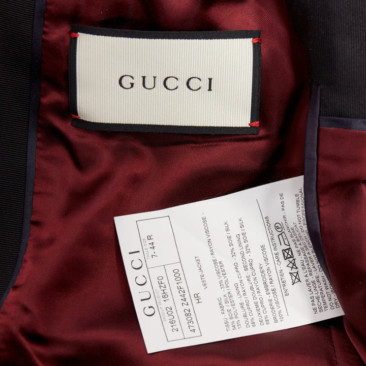 GUCCI black silk jacquard Tiger Hollywood applique tuxedo blazer IT44 XS