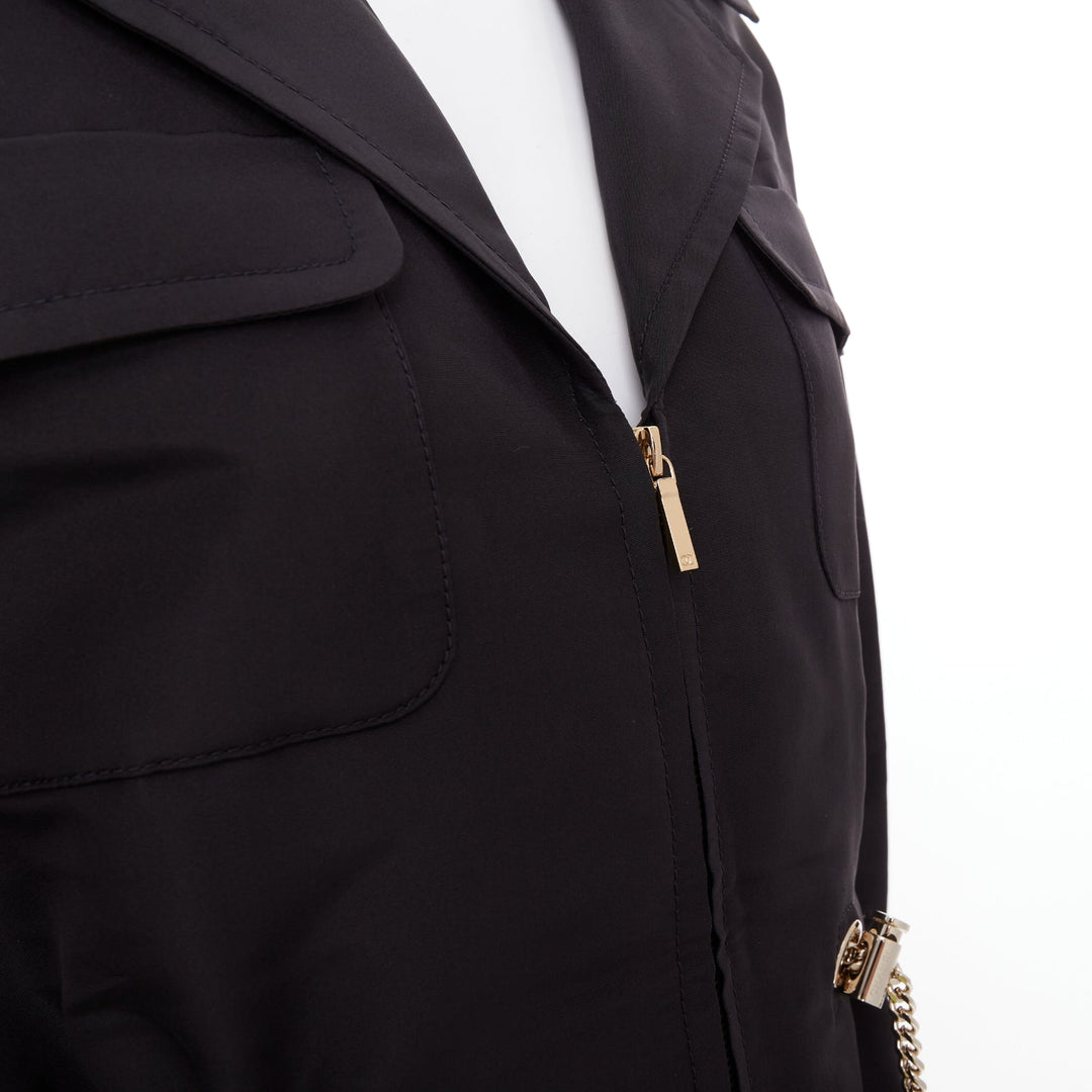 CHANEL 2023 black silk flap pocket gold chain drawstring utility jacket FR34 XS