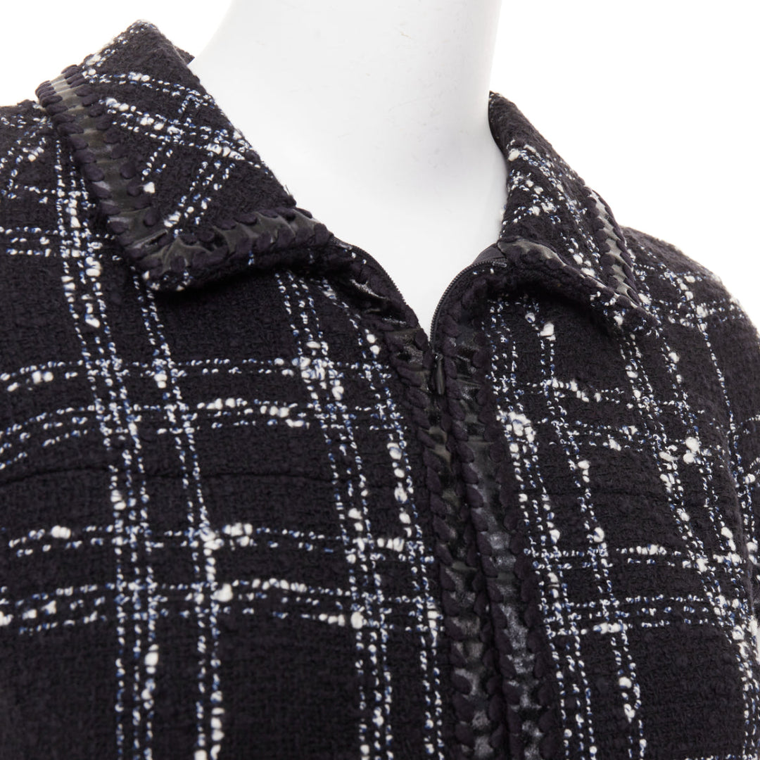 CHANEL 2007 black white check plaid bow collar fringe tweed dress FR36 S
