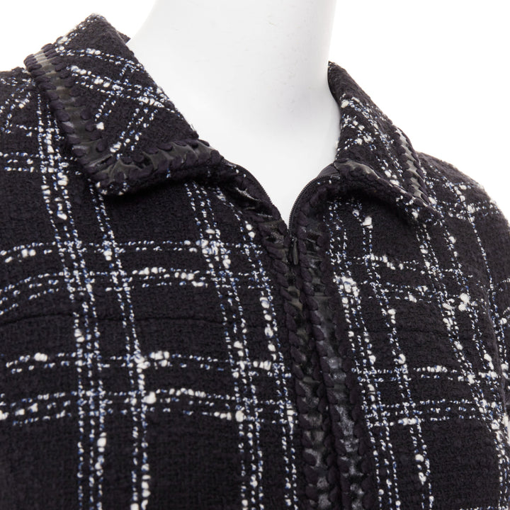 CHANEL 2007 black white check plaid bow collar fringe tweed dress FR36 S
