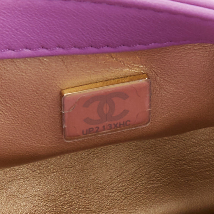 CHANEL Pearl Crush Mini Square Flap purple lambskin age gold globe crossbody bag