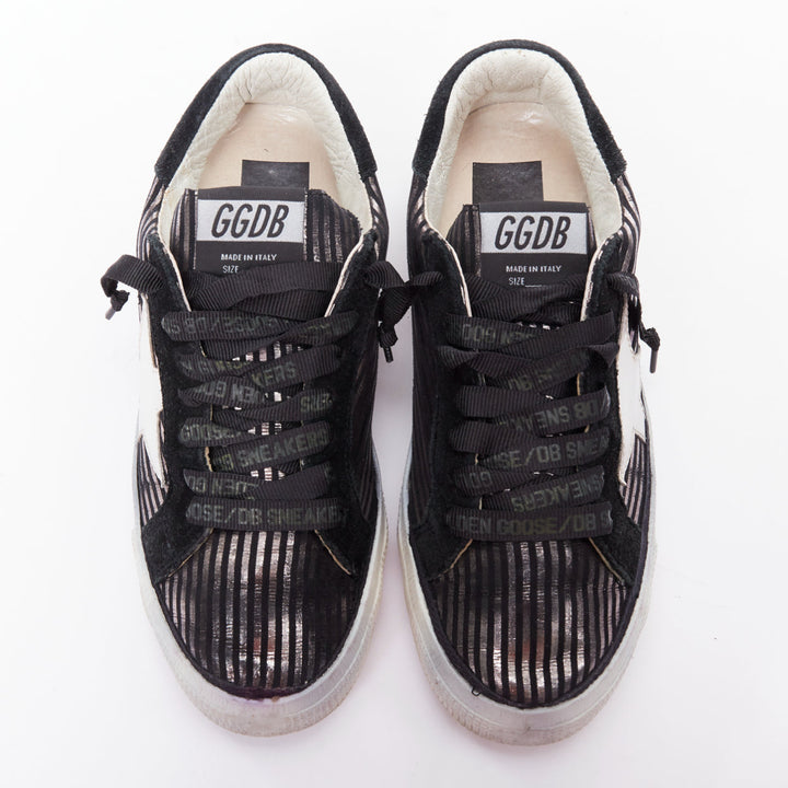 GOLDEN GOOSE Fancy metallic silver black stripe distressed sneakers EU36