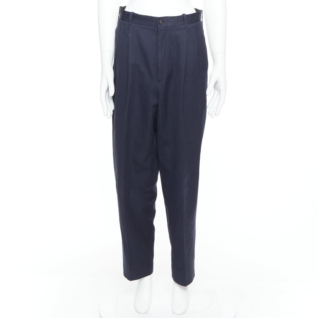YOHJI YAMAMOTO navy cotton pinstripe front pleat tapered pants S
