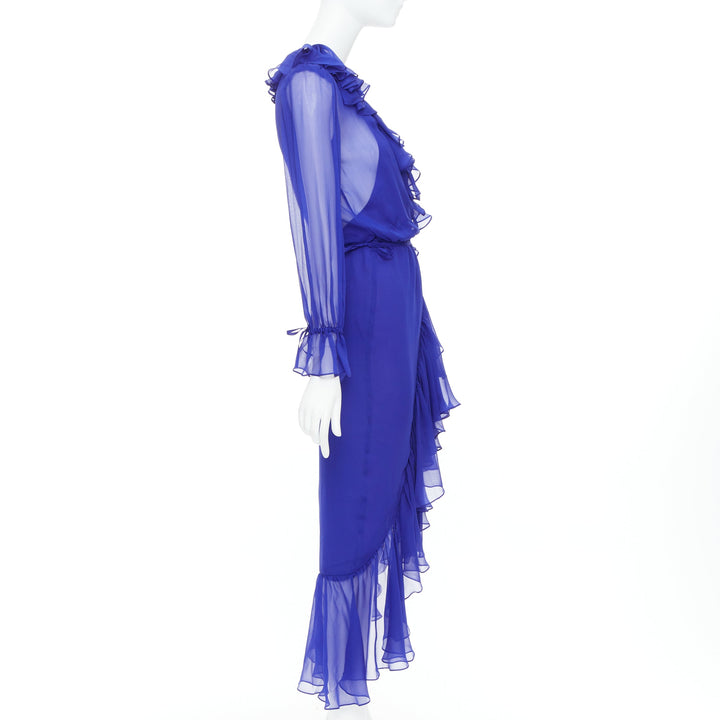 SAINT LAURENT 2020 Runway cobalt blue 100% silk ruffle wrap dress FR42 XL