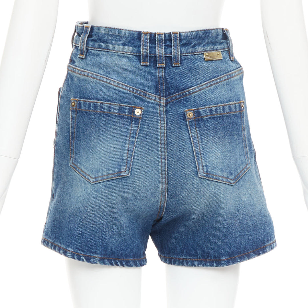 BALMAIN blue washed bronze logo buttons high waisted denim shorts FR34 XS