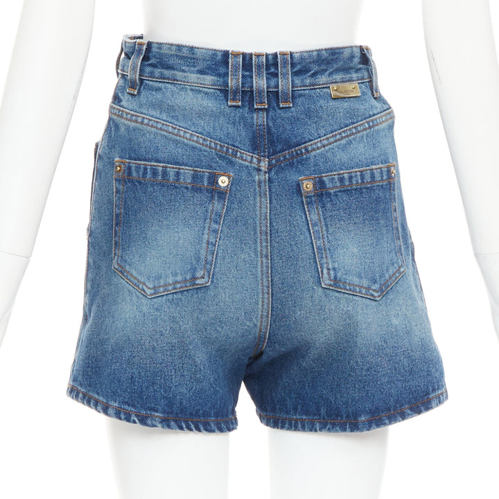 BALMAIN blue washed bronze logo buttons high waisted denim shorts FR34 XS