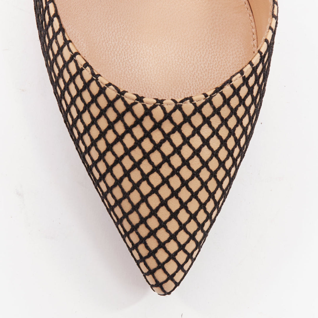 GIANVITO ROSSI Sofia nude nappa black fishnet ankle straps pumps EU37.5