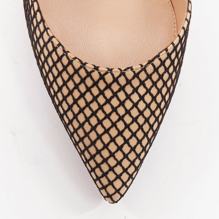 GIANVITO ROSSI Sofia nude nappa black fishnet ankle straps pumps EU37.5