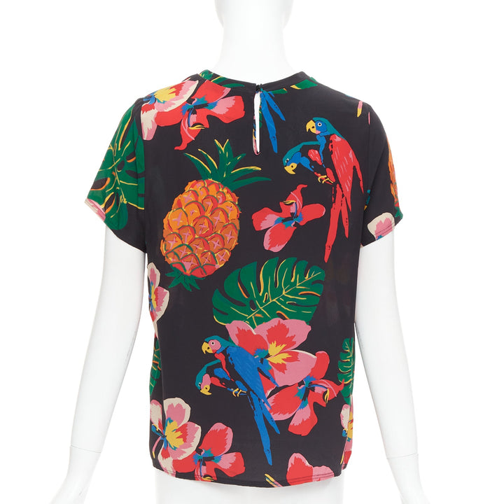 VALENTINO Tropical Couture 100% silk black parrot floral print crew top M