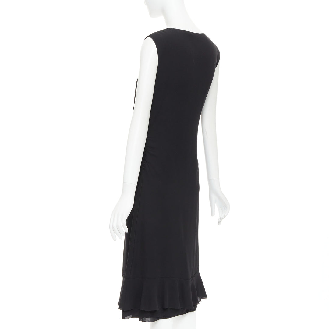 PRADA Vintage black silk ruched ruffle front V neck dress IT44 L
