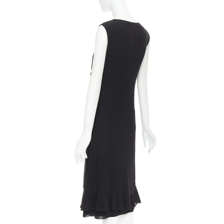 PRADA Vintage black silk ruched ruffle front V neck dress IT44 L