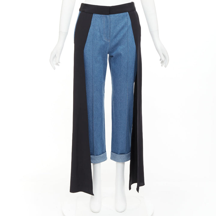 HELLESSY Jagger blue denim black silk panels deconstructed cropped pants US2 S