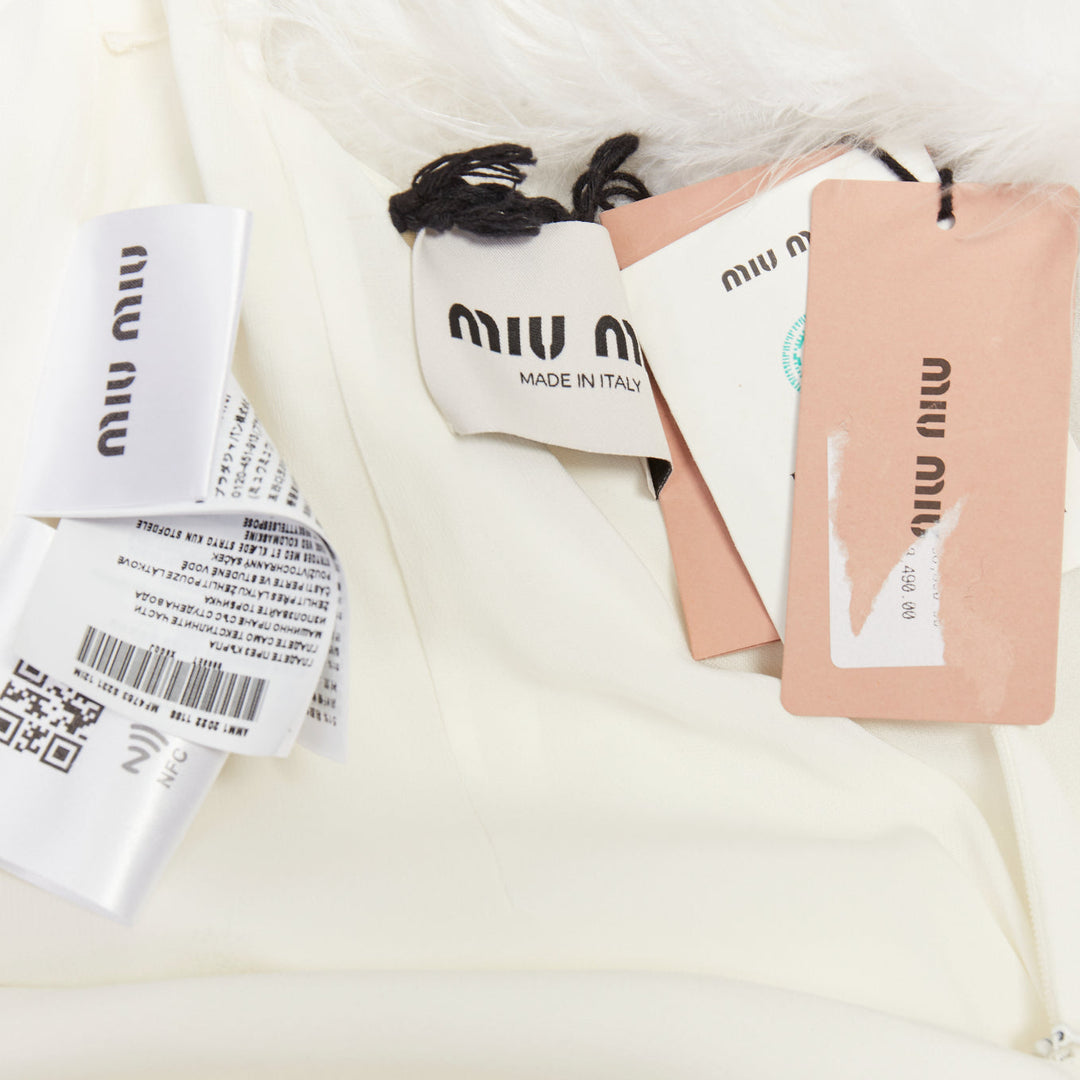 MIU MIU 2022 Bridal white viscose stretch cady feather hem slip dress IT38 XS