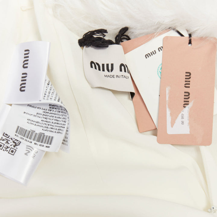 MIU MIU 2022 Bridal white viscose stretch cady feather hem slip dress IT38 XS