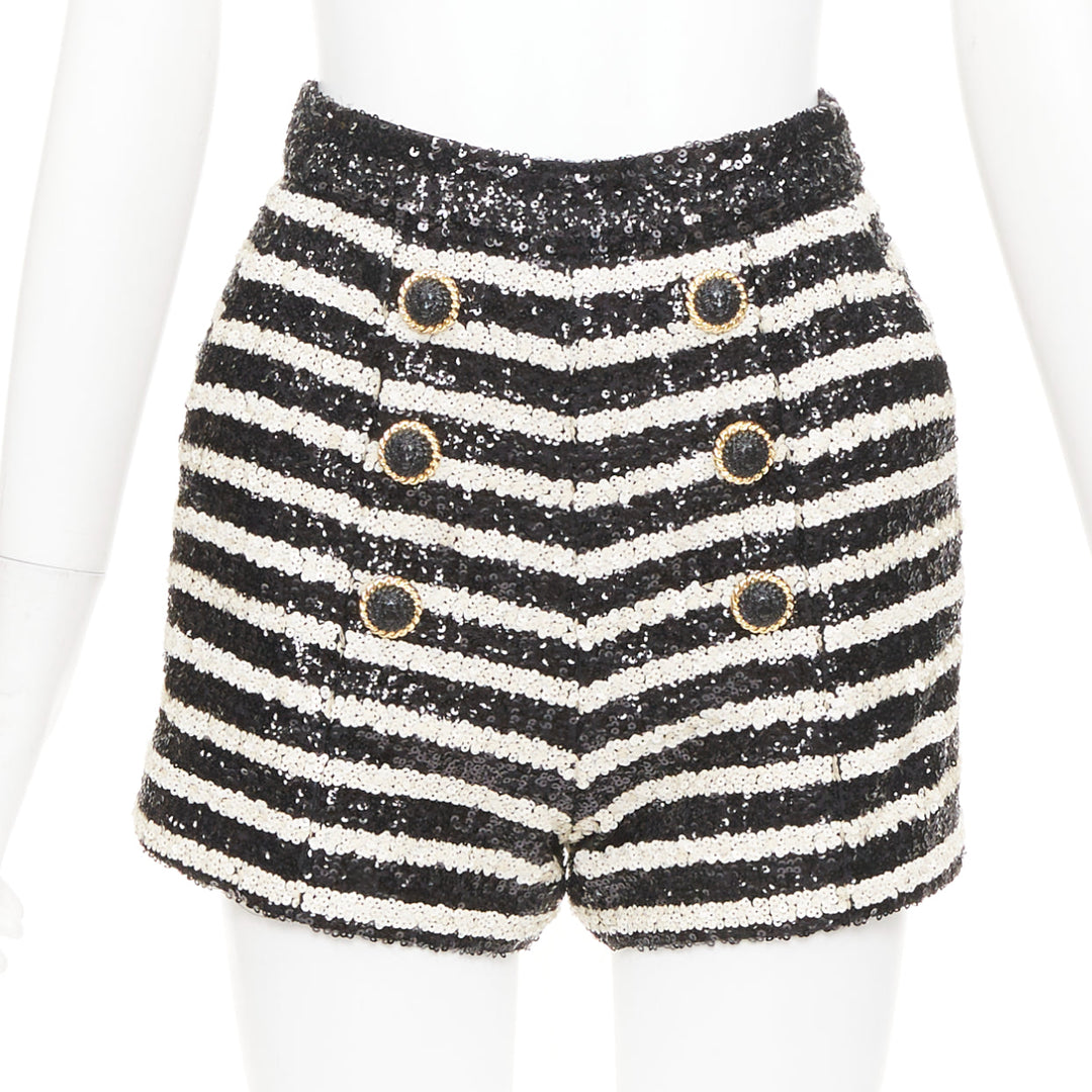 BALMAIN 2024 stripe sequin gold lion button high waist hot shorts FR34 XS