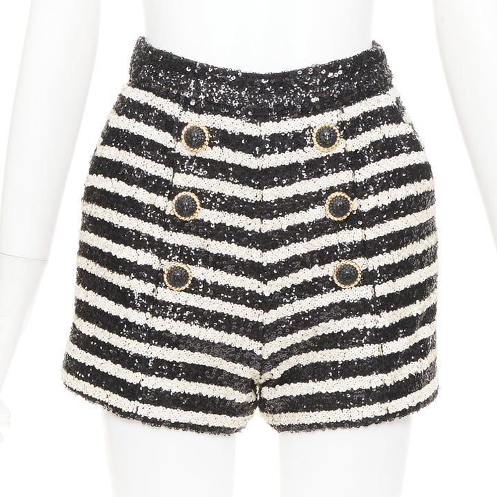 BALMAIN 2024 stripe sequin gold lion button high waist hot shorts FR34 XS