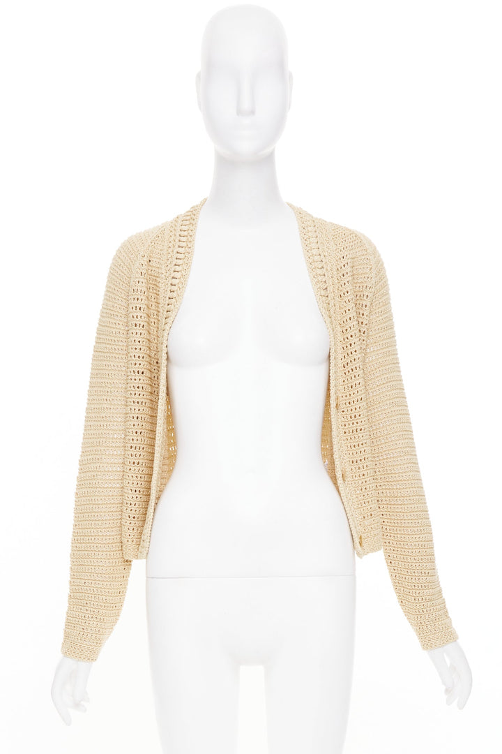 VINCE beige cream nude open work cotton mesh crochet knit button cardigan S
