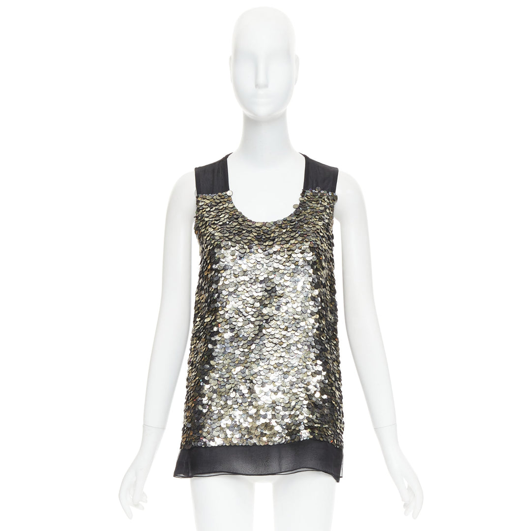 GIVENCHY black sheer silk lined iridescent sequinned illusion top L