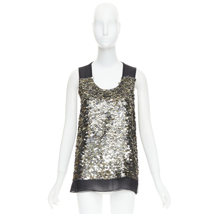 GIVENCHY black sheer silk lined iridescent sequinned illusion top L