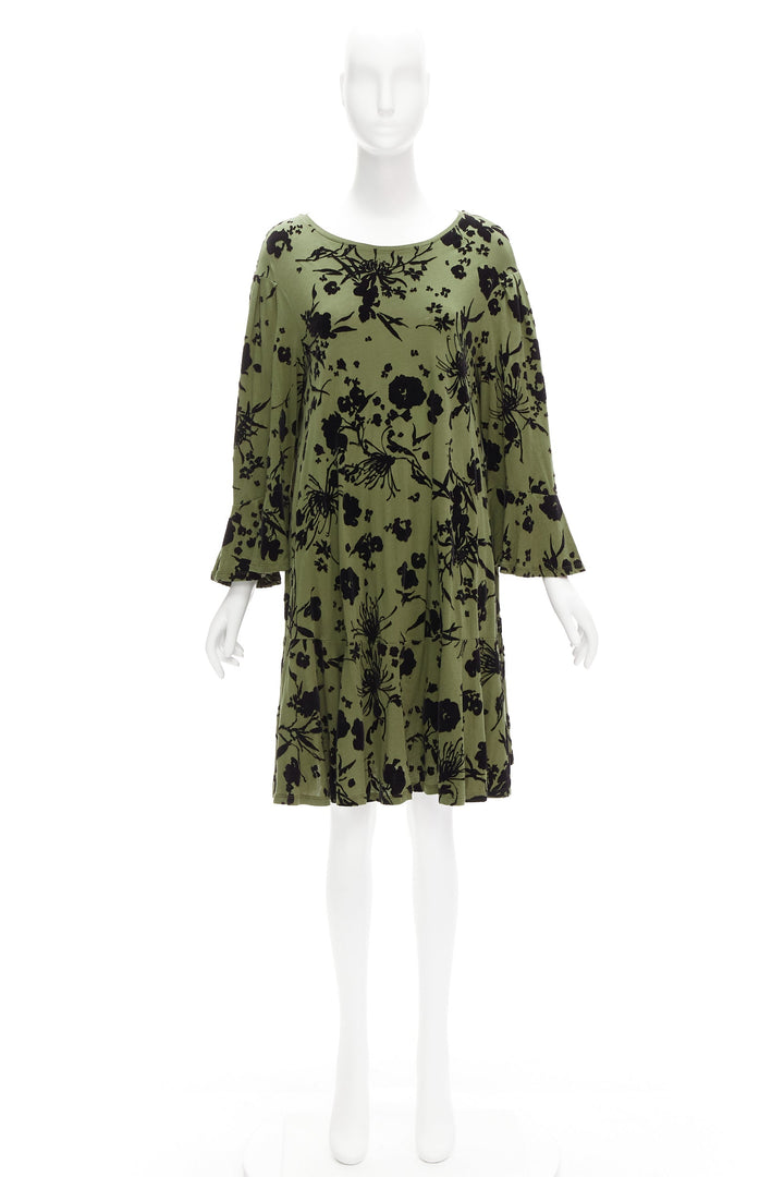 DRIES VAN NOTEN green cotton floral devore bell sleeve flutter dress XS