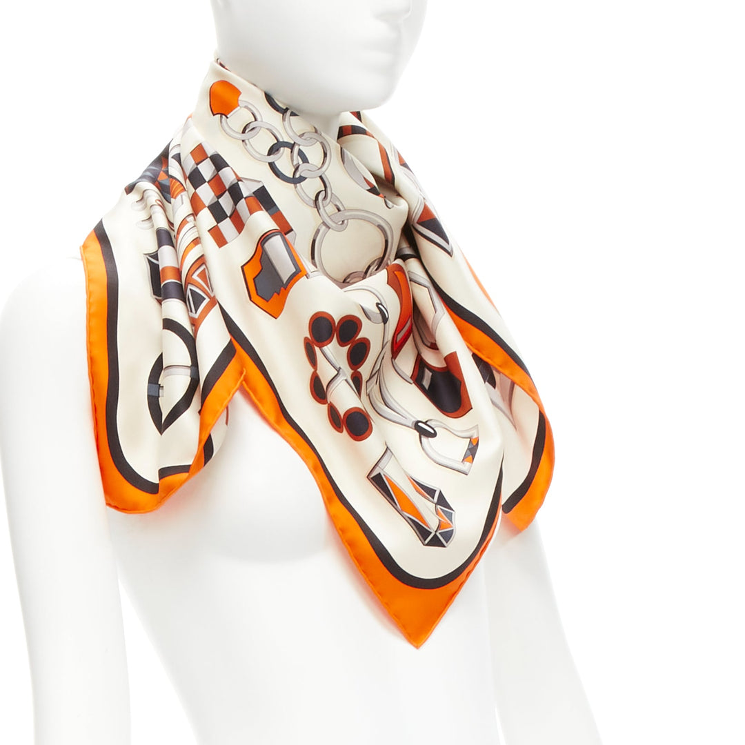HERMES 100% silk orange border H buckle horsebit chain scarf
