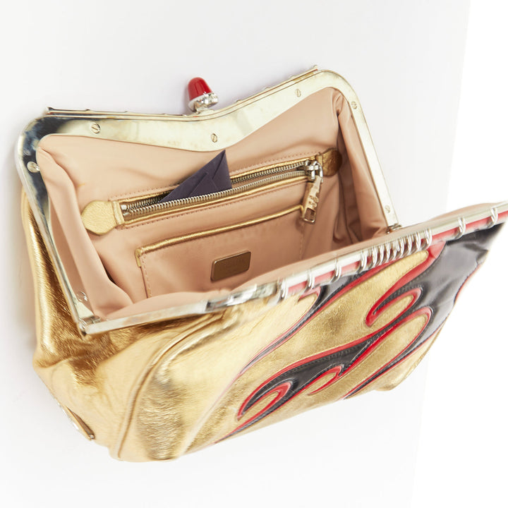 PRADA 2012 Runway hot rod metallic gold leather flame detail clutch bag