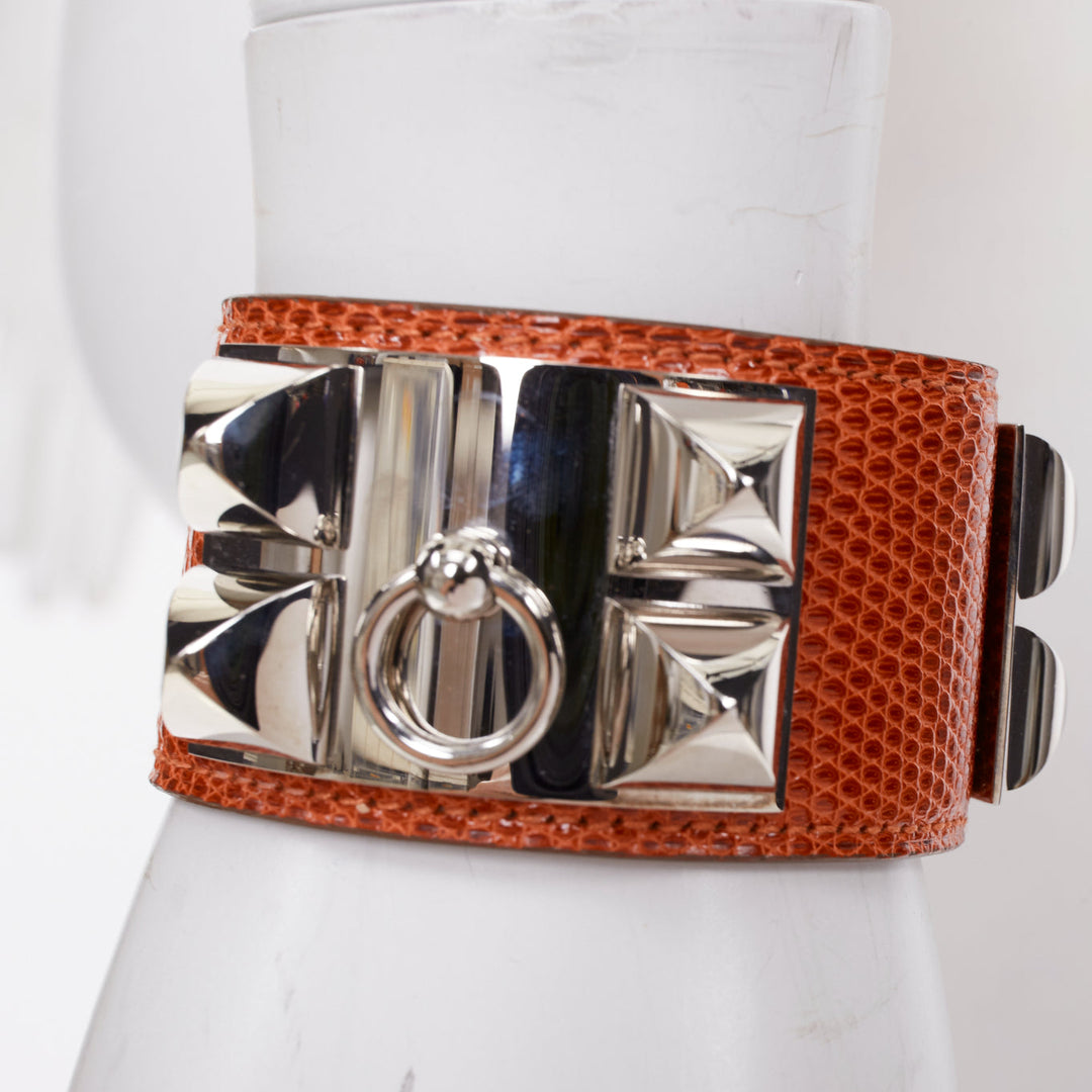HERMES Collier de Chien tan brown salvage lizard silver medor cuff bracelet