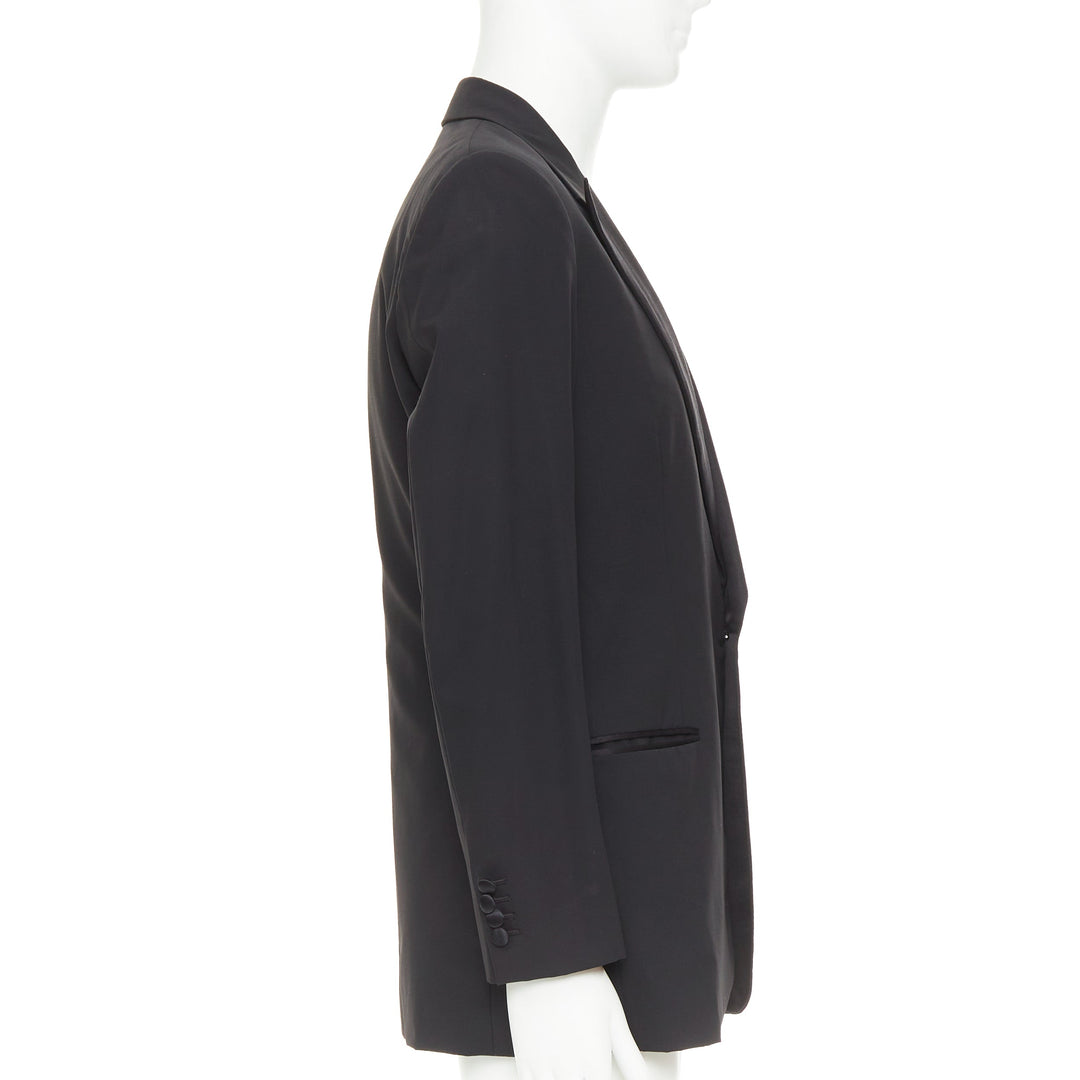 HERMES black wool blend satin peak lapel logo silk lined tuxedo blazer EU50 L