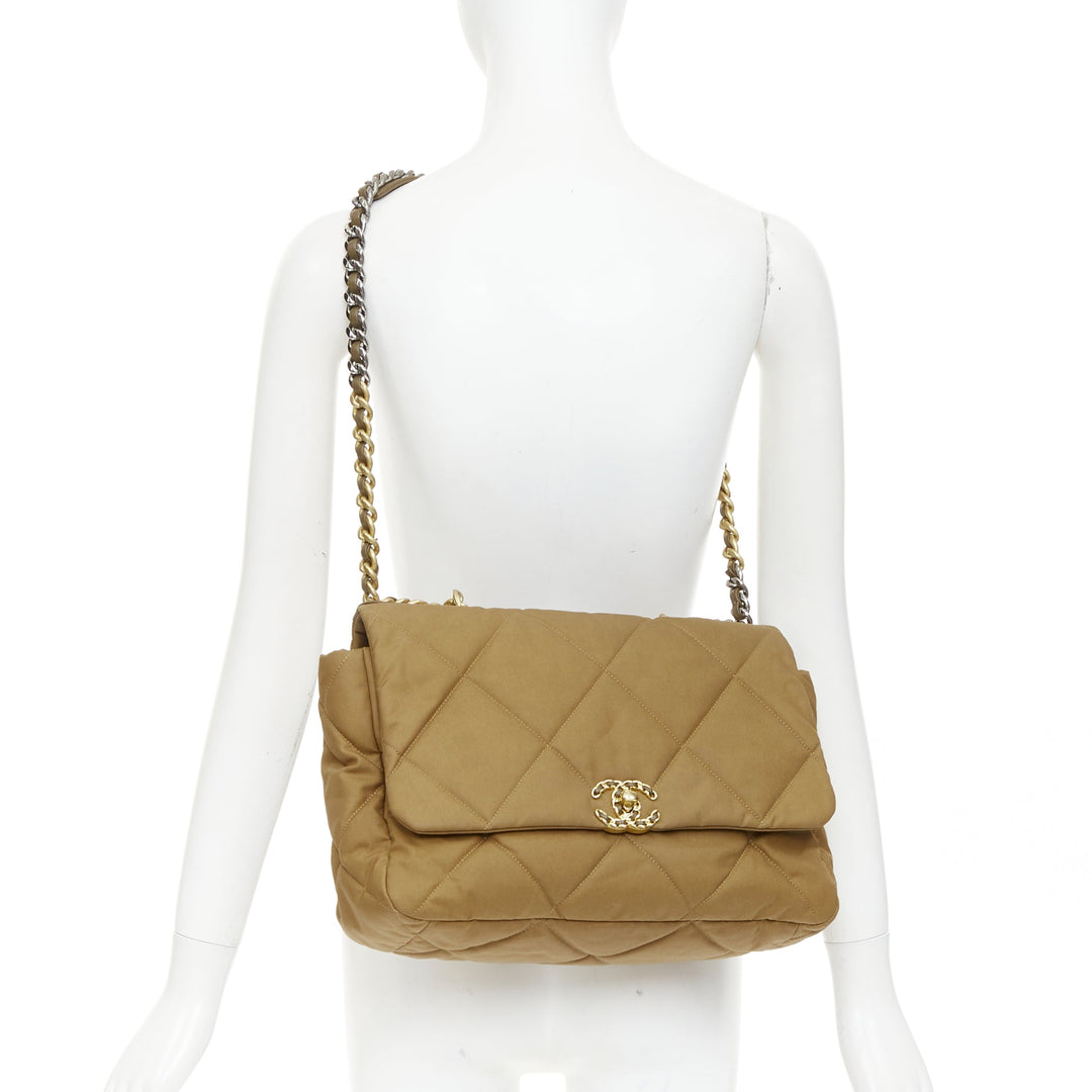 CHANEL 19 Large Flap Bag camel brown quilted canvas chain shoulder bag