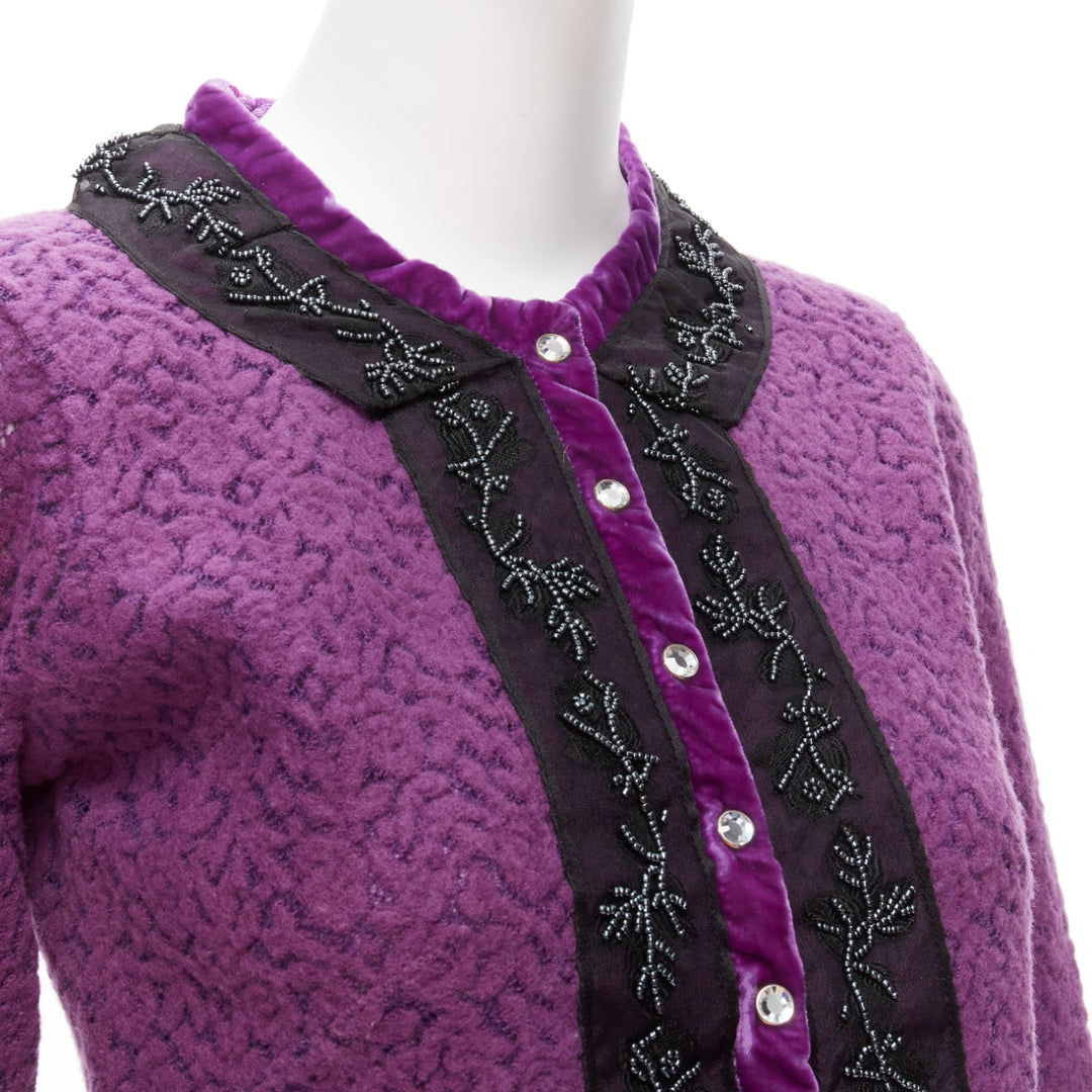 VOYAGE INVEST IN THE ORIGINAL LONDON purple wool black lace velvet cardigan M