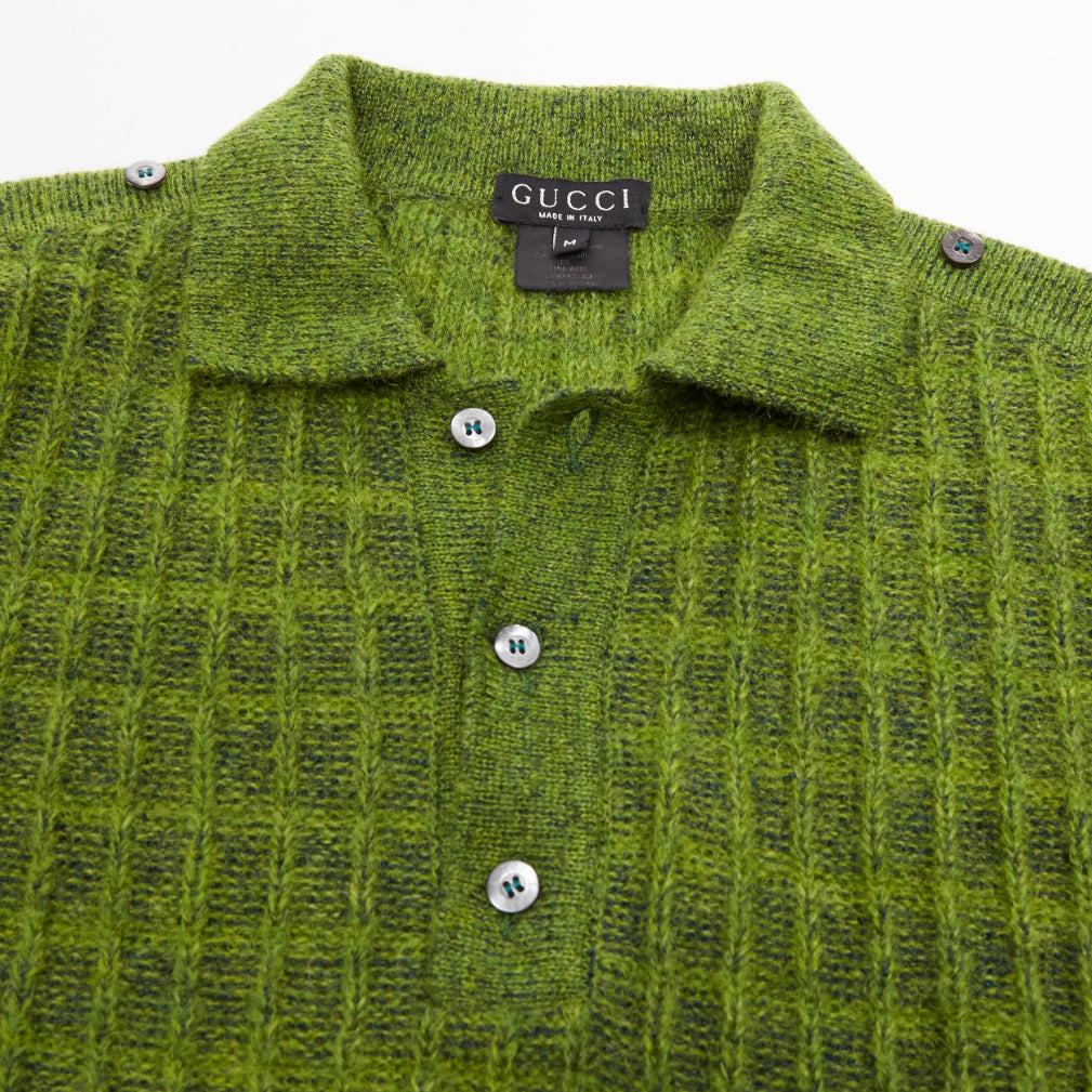 GUCCI Vintage green mohair blend waffle knit buttons polo sweater M