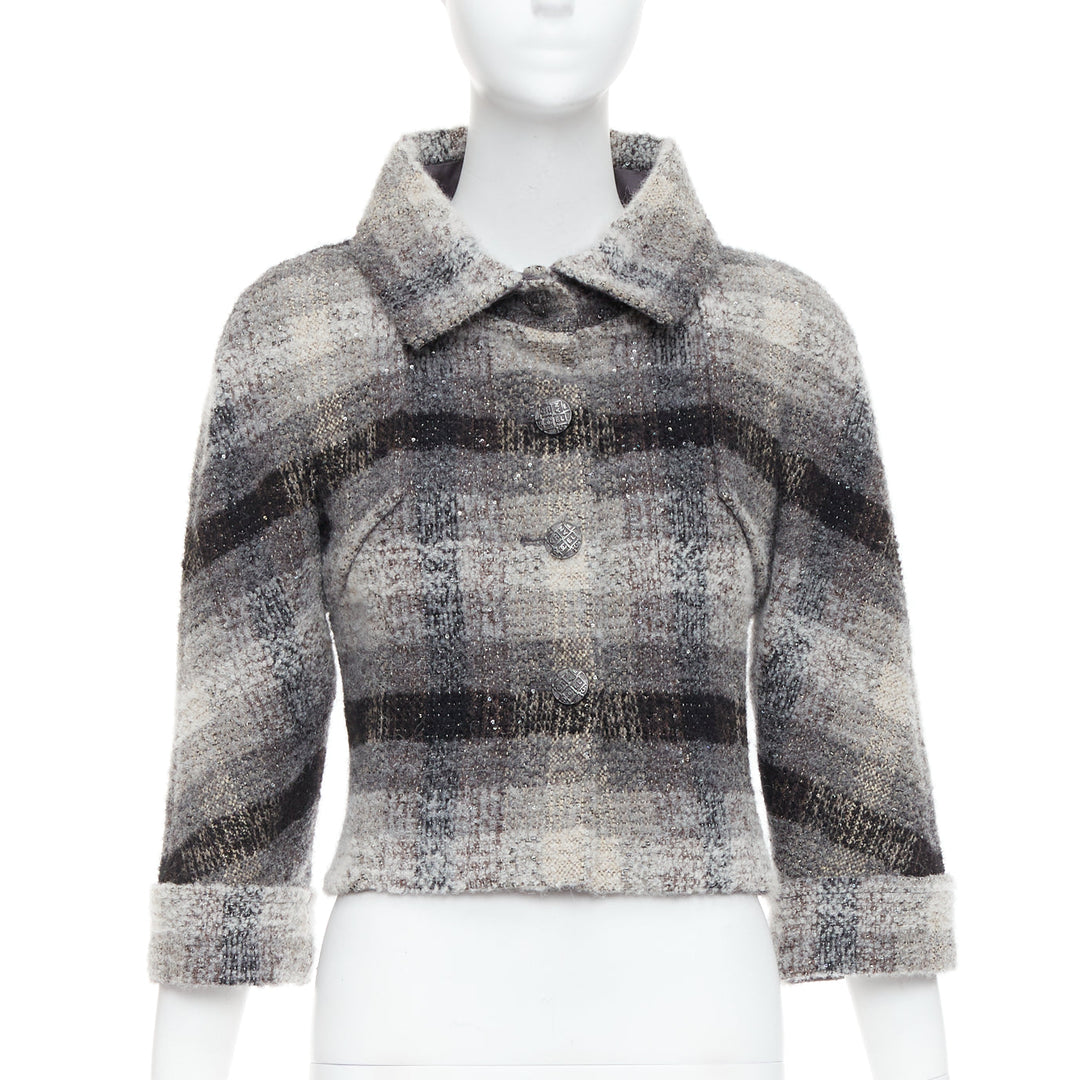 CHANEL 18B Fantasy tweed grey checked sequinned wool crop jacket FR38 M