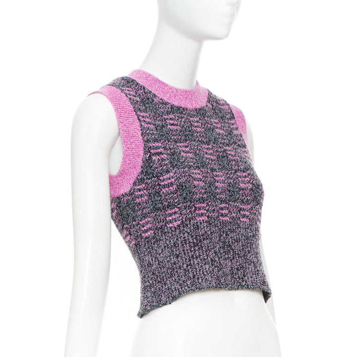 CHANEL 2022 Runway check cc plaque fuchsia trim cropped cashmere knit vest FR38