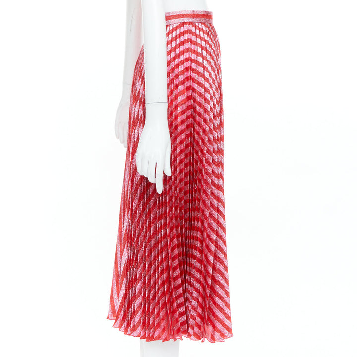 GUCCI 2015 Runway red pink chevron stripe lurex silk pleated midi skirt IT36 XXS