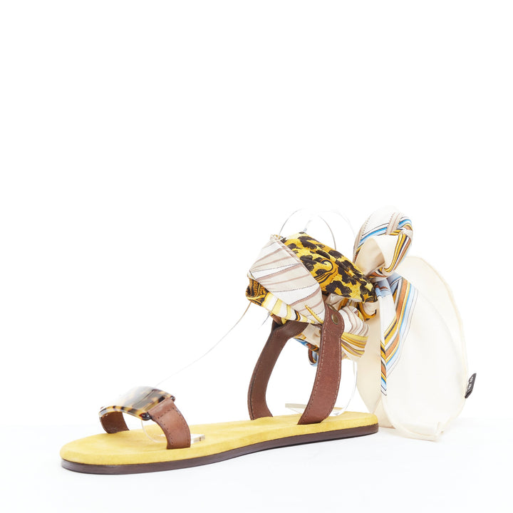 AVEC MODERATION yellow cream silky scarf tie acrylic flat sandals EU37