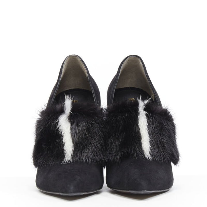 FENDI black suede black white mink fur front point toe chunky heel pump EU37.5