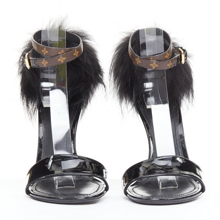rare LOUIS VUITTON Call Back black patent fur trim LV ankle strap heels EU38.5